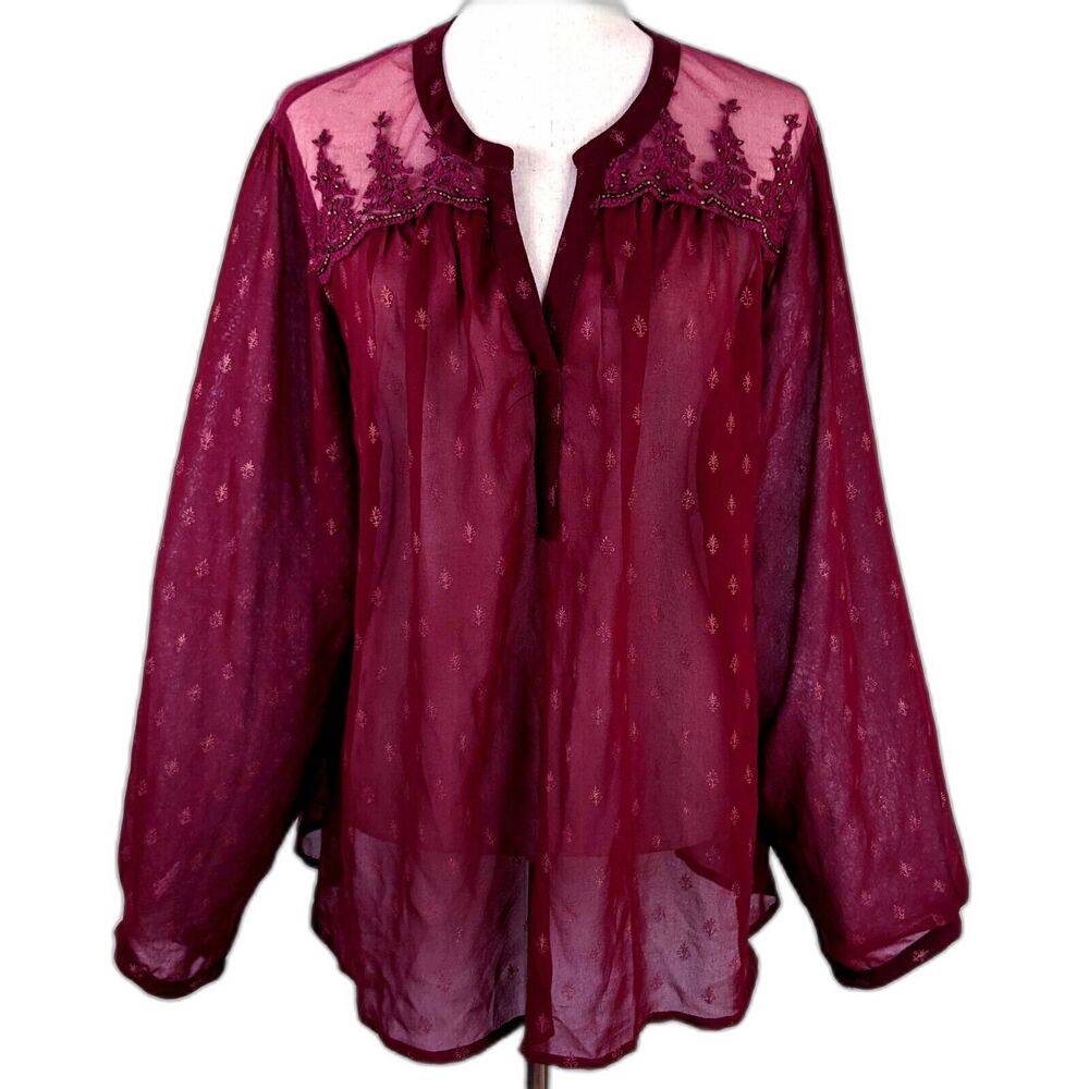 Bila Sheer Burgundy Chiffon Beaded Embroidered Women's XXL Tunic Top